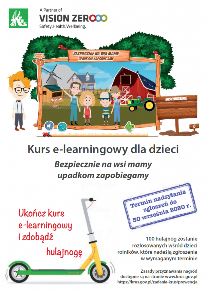 Kurs e-learningowy dla dzieci ,,Bezpiecznie na wsi mamy - upadkom zapobiegamy” plakat