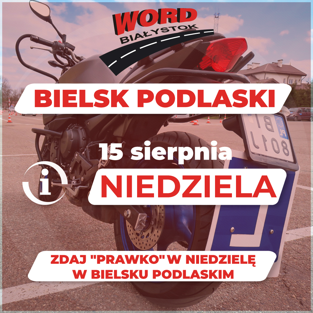 Plakat WORD Białystok - Zdaj "prawko" w niedzielę
